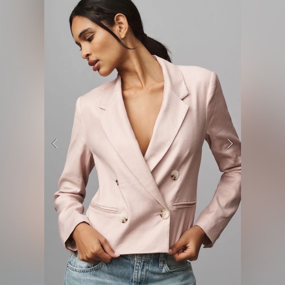 Anthropologie Maeve Linen Slim Double Breasted Blazer Light Rose Pink Size M